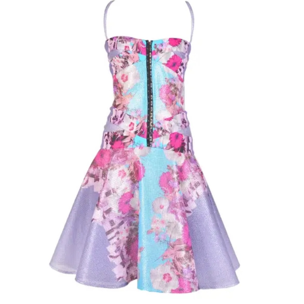 Versace Lilac Floral Raffia Corset Dress with Flounce Skirt, Size 44 - US 8 - Picture 5 of 16